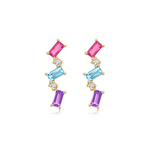 14k 18k Yellow Gold Colourful Tourmaline Diamond Stud Earring, Natural Gemstone Diamond Jewelry, Studs Custom Gift, Purplemay E022 image 2