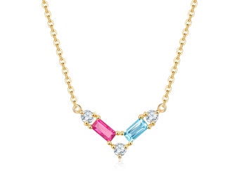 14k 18k Yellow Gold Multistone Tourmaline Necklace Pendant, Gemstone Necklace Coloured Pendant, Personalized Custom Purplemay P021