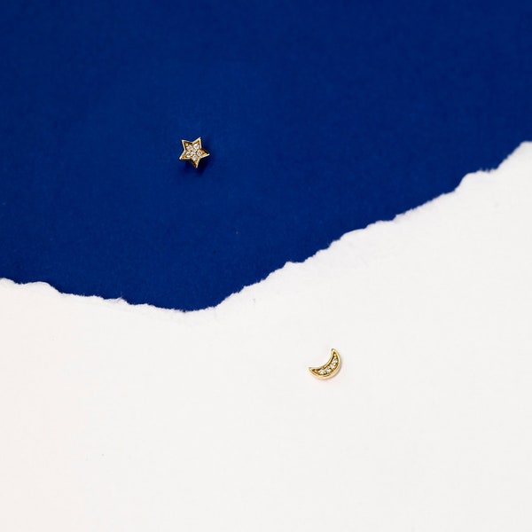 Handmade jewelry, 14k 18k Solid Gold, Moon and Star Diamond Tiny Stud earrings, Dainty Earrings, Minimal Studs,Purplemay-E016