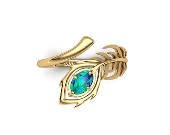 Handmade jewelry, 14k 18k Solid Gold Peacock Feather Design Australian Colored Opal Open Ring, Opal dressing ring, Purplemay-R163