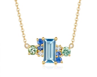 Aquamarine Necklace - 14k 18k Solid Gold Necklace, Gemstone Necklace, Ice Blue Sapphire Necklace, Solid Gold Necklace, Cluster Necklace