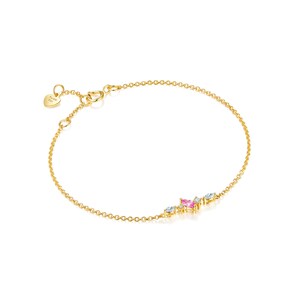 May include: A delicate gold chain bracelet with a small cluster of pink and white gemstones. The bracelet has a heart-shaped charm with the word "Forever" inscribed on it.
