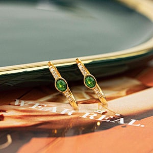 Huggie Hoops Earrings - Green Hoop Earrings, Emerald Earrings, Solid Gold Hoops, Luxury Gift Earrings, Handmade Gold Earrings