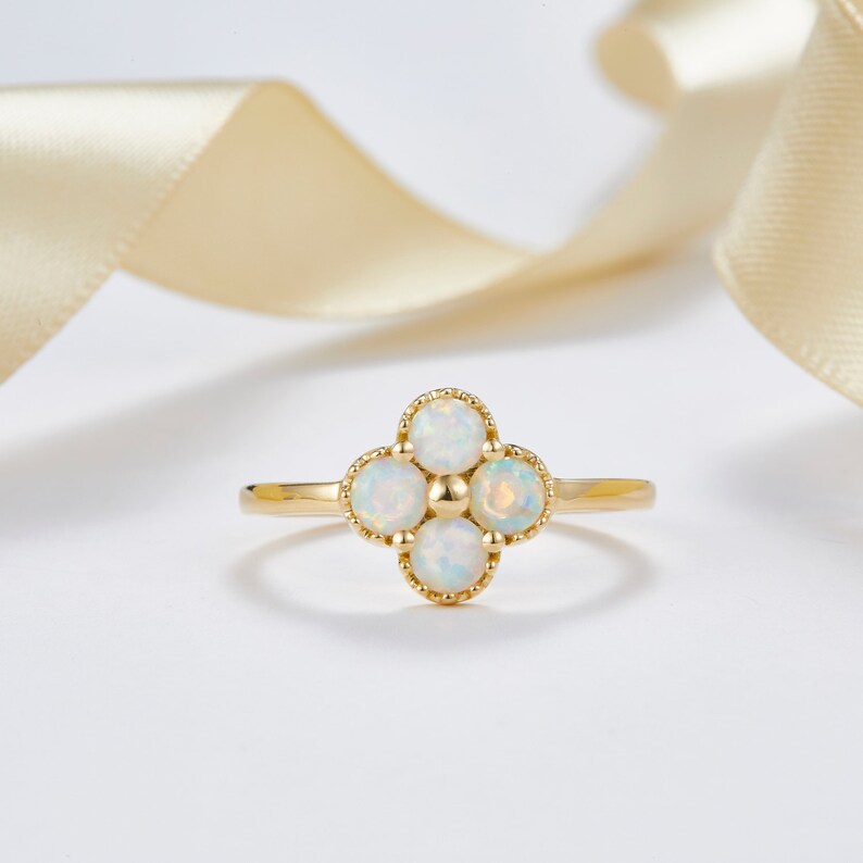 Handmade jewelry, 14k 18k Solid Rose Gold Australia Clover Opal Ring, White Opal engagement ring, Purplemay-R115 image 1