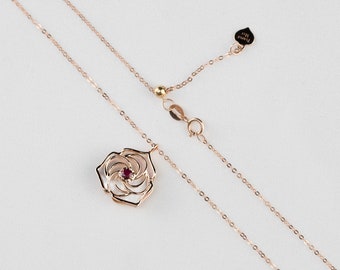 14k 18k Yellow Gold Vintage Rose Flower Ruby Diamond Pendant Necklace, Natural Gemstone Jewelry, Vintage Ruby Jewellery Purplemay P033