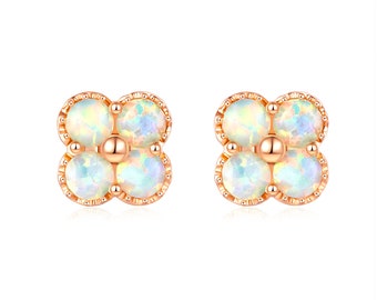 Yellow Gold Clover Opal Stud Earring, 14 18k Gold Jewelry Natural Opal, Custom Opal Earrings, Minimal Studs Gift, Purplemay E019