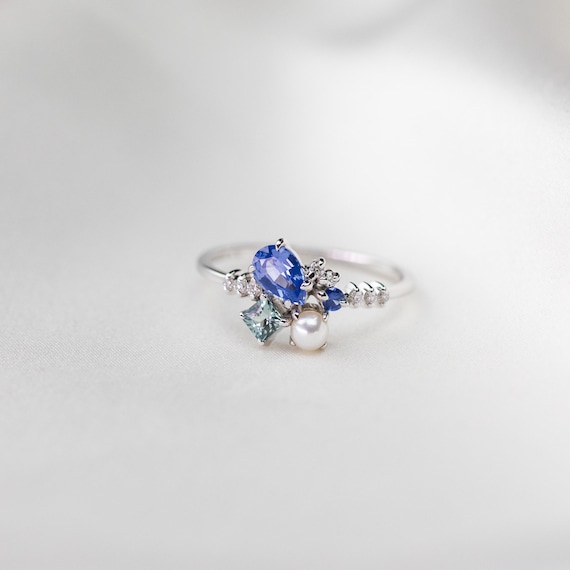 Blue Sapphire and Akoya Pearl Diamond Cluster Ring 14k 18k Gold Personalized Wedding Ring Anniversary Gift Custom Ring purplemay R088A Etsy