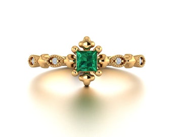 Vintage Square Emerald Ring, Custom Gemstone Ring, Personalized Cluster Ring, 14k 18k Gold Ring, Deco Dainty RIng, Purplemay, R075