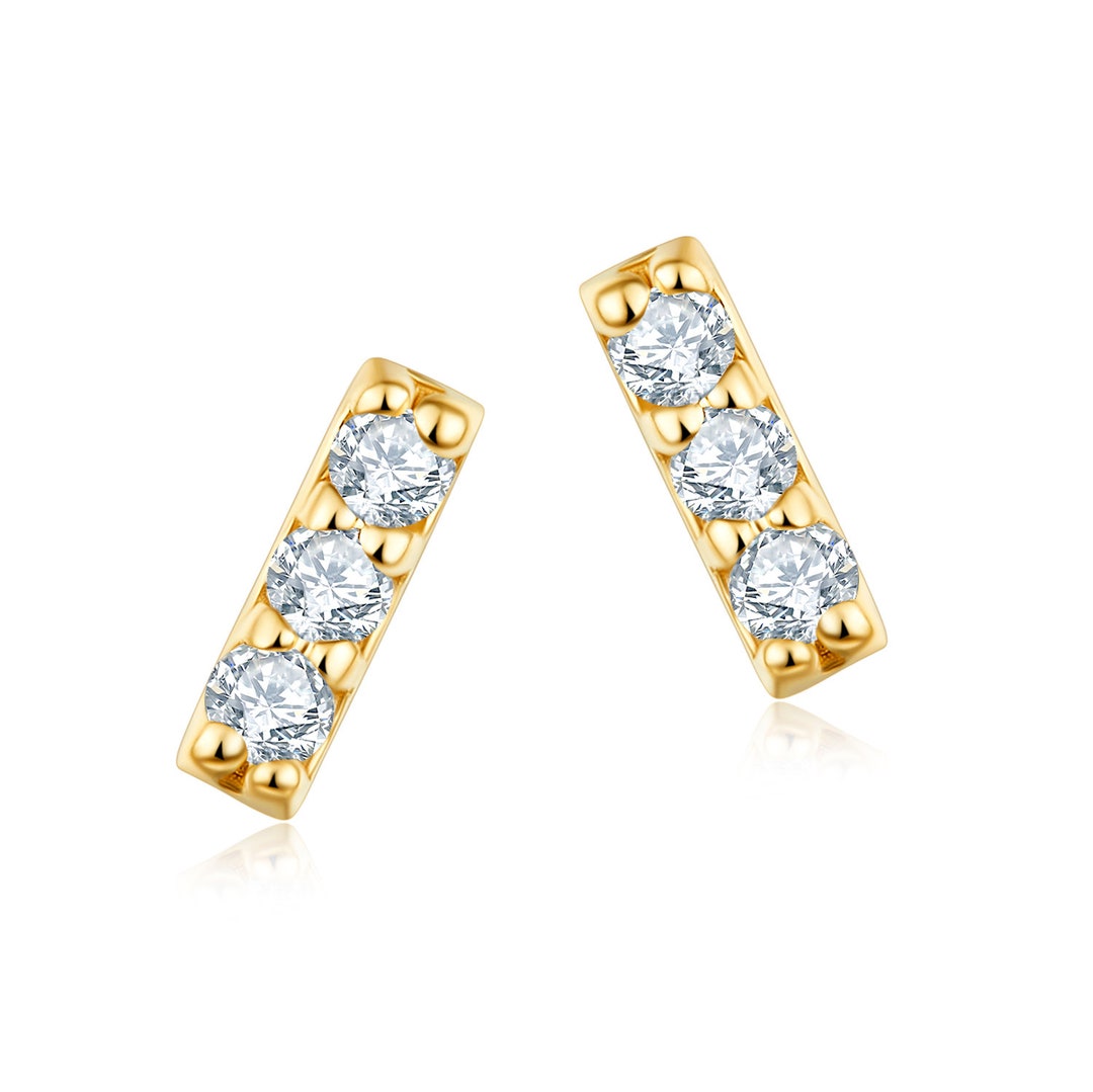 14k 18k White Gold Bar Diamond Studs, Thin Gold Diamond
