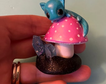 Handmade Polymer Clay Caterpillar on Mushroom with Crystals