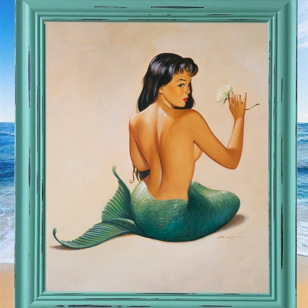 Mermaid Pin up Artist signed Print - Good Girl Nostalgia Retro Pin up Art 22 x 17 or 11 x14  Unframed