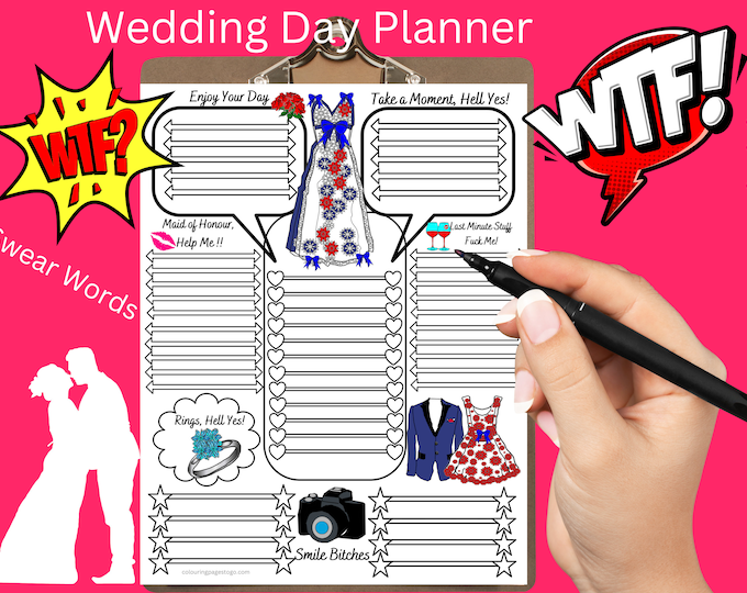 Featured listing image: Wedding Day Planner, Swear Words, Take a moment and Curse away the day's stress with  Wedding Day Planner, check out my Printable planner