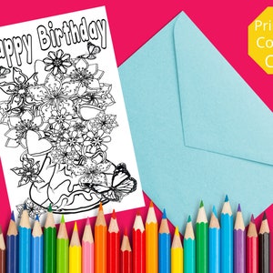 Cartão para colorir de feliz aniversário, imprima seu próprio cartão de feliz aniversário e torne o dia de alguém perfeito com este cartão de aniversário faça você mesmo