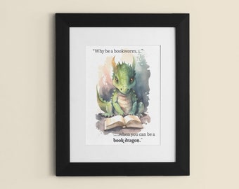 Bookish print | Bookish merch | Bookstagram | Bookworm gifts | Librarian gift | Book nerd wall art | Book Dragon | Library decor