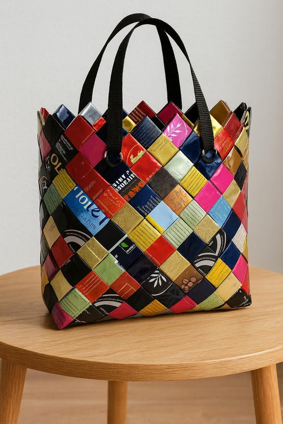 Colorful shopping bag made from coffee bags – Handmade upcycled one-of-a-kind item – approx. 26×30cm – strap 70cm – Sustainable & stylish