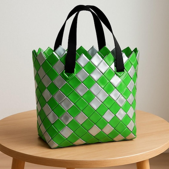 Handmade shopping bag made from coffee bags – unique item – green/silver – approx. 26×30cm – upcycling with style