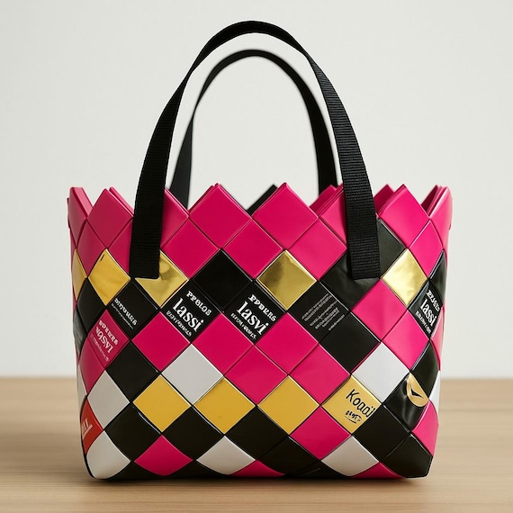 Pink, black, and gold shopping bag made from coffee bags – upcycled one-of-a-kind item – approx. 22 x 30 cm – 70 cm strap – handmade & stylish