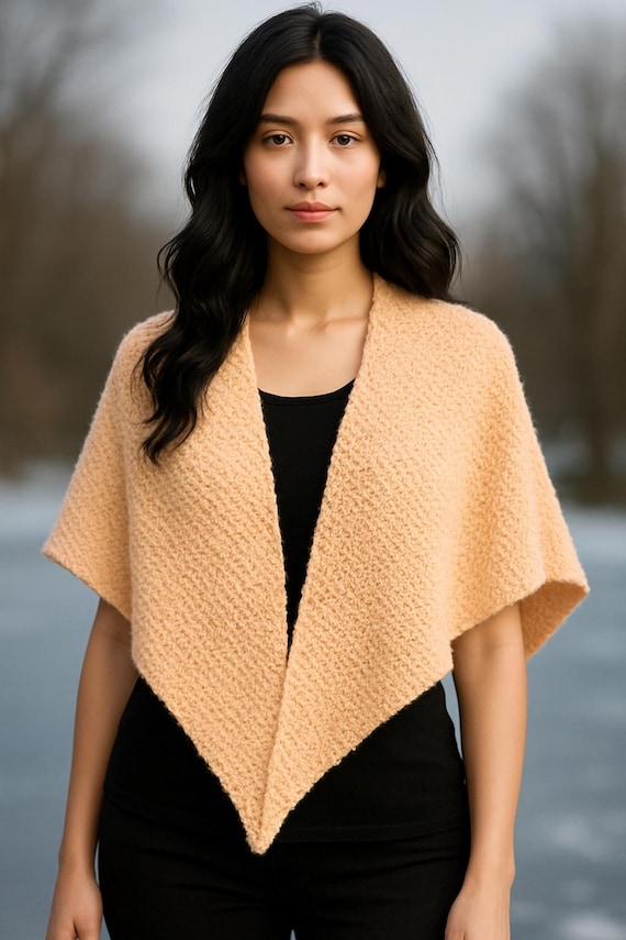 Hand-knitted triangular scarf/shawl Color: Apricot