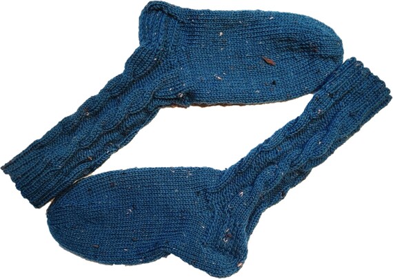 Hand-knitted wool socks / "ALPACA" / size 38-39 / cable pattern in the waistband / women / 6 ply / petrol