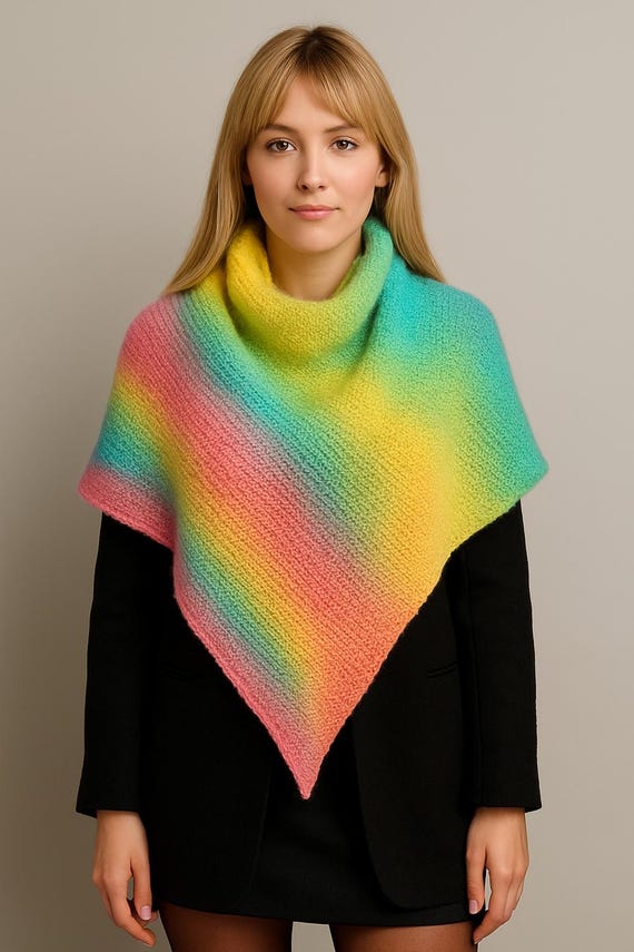 Self-knitted- Handmade triangular scarf- Shoulder scarf/Wrap scarf /Gomitolo Versione/Rainbow colors