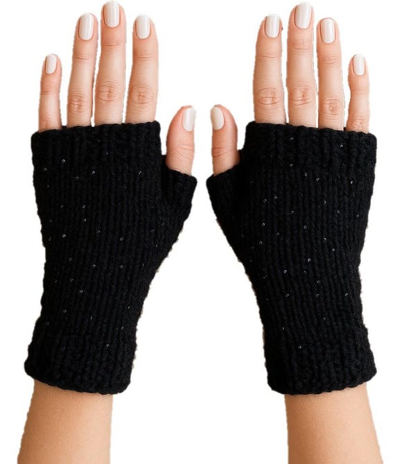 Handgestrickte Fingerlose Handschuhe – Alpaka & Glitzer (Strasssteinchen)  –  – 100 % Handarbeit – Fingerstulpen - Handstulpen