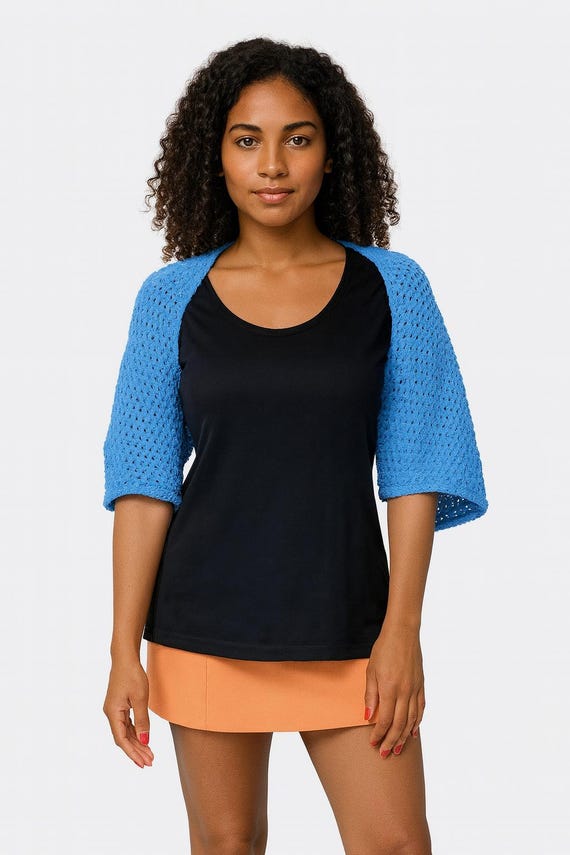 Hand-crocheted bolero in blue made from chenille yarn / small