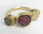 24K Gold Over 925K Sterling Silver Ring Handmade Hammered Band Ring With Natural Rough Ruby And Garnet