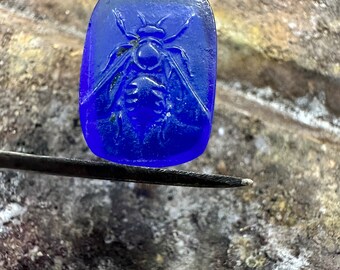 Hand crafted carved Venetian Glass Blue Lucky Bee intaglio, for make jewelry, Roman art design, craftmanship items, ancient, for designer