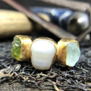 Natural Rough Peridote And Pearl And Aquamarine Ring 24K Gold Over 925K Sterling Silver Handmade Hammered Band Ancient Boho signet ring