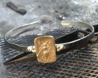 Handmade Hammered, 24K Gold Vermeil, 925K Sterling Silver, Ancient Style, Handmade Bronze Intaglio Bee Bangle Designer Bracelet, Gif For Her