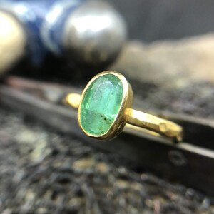 24K Gold Over 925K Sterling Silver Ring Handmade Hammered Band Natural Oval  Emerald Ring Ancient Style Boho Roman Ancient Signet Ring