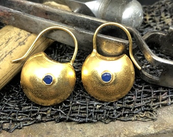 24K Gold Over 925K Sterling Silver Ancient Style Handmade With Sapphire Bag Designer Earring Bridesmaid Minimalist Blessing Earrings Dainty