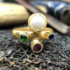 Natural Pearl Garnet Emerald and sapphire Lucky Ring 24K Gold Over 925K Sterling Silver Handmade Hammered Band Ancient Boho signet ring