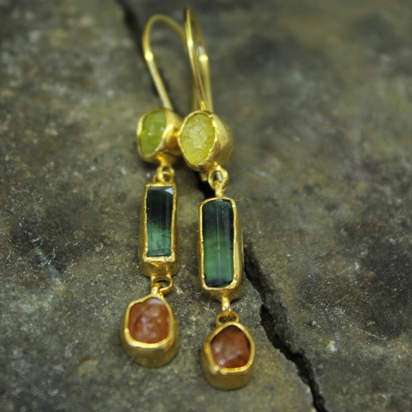 24K Gold Vermeil, 925K Sterling Silver, Handmade, Natural Rough Tourmaline And Garnet And Peridot Earrings, Bridesmaid Earring Blessing