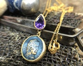 Personalized 24K Gold Over 925K Sterling Silver Ancient Style Designer Handmade Roman Coin With Amethyst Boho Roman Art Designer Necklace