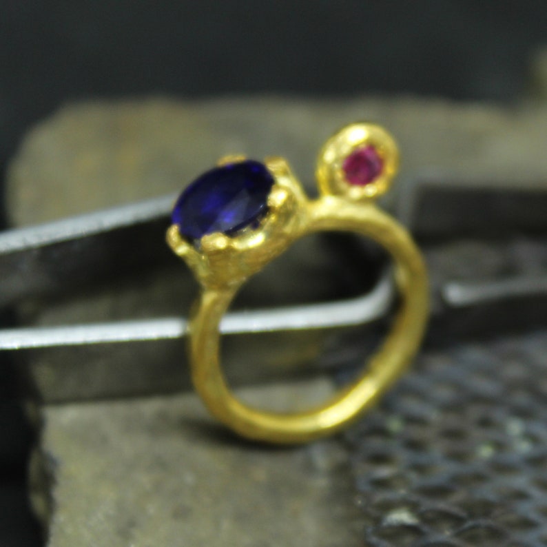 Personalized 24K Gold Over 925K Sterling Silver Ring Handmade Hammered Band Natural Blue Sapphire Designer Ring With Ruby Ancient Style