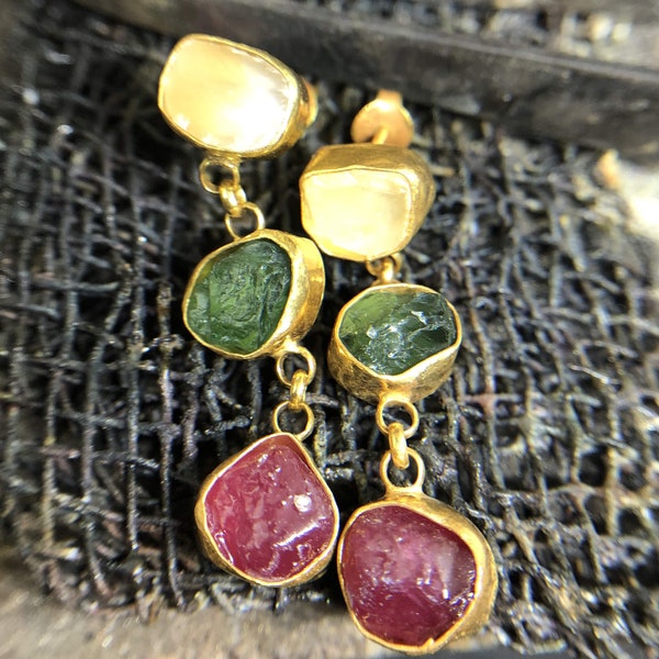 24K Gold Over 925K Solid Silver Handmade Ancient Style Natural Rough Quartz Green apatite and Ruby Bridesmaid Minimalist Blessing Earrings