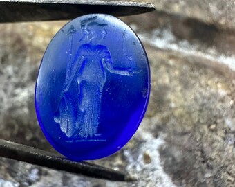 Hand crafted carved Venetian Glass Blue Greek intaglio, for make jewelry, Roman art design, craftmanship items, ancient, for designer