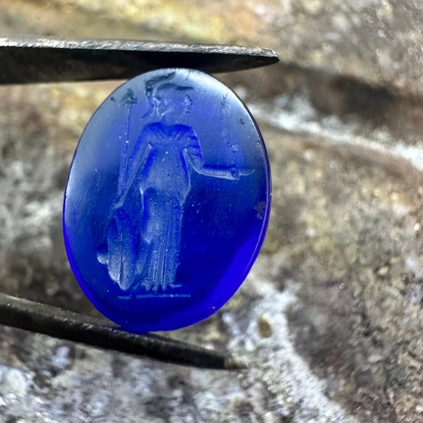 Intaille grecque bleue en verre vénitien sculptée à la main, pour fabriquer des bijoux, design d'art romain, objets d'artisanat, ancien, pour designer