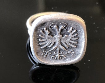 Vermeil en or 24 carats, bague en argent massif 925K, double bande faite à la main avec bague en taille-douce aigle à deux têtes Boho Roman Ancient Signet Ring