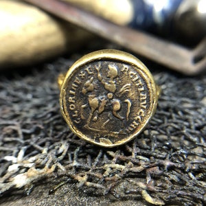 24K Gold Over 925K Sterling Silver Ring Handmade Hammered Band With Bronze Roman Soldier Coin Ring Boho Roman Ancient Signet Ring Dainty