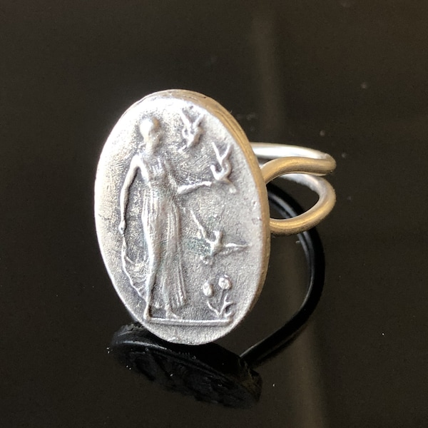 24K Gold Vermeil, 925K Solid Silver Ring, Handmade Double Band Bronze Greek Woman Bird Lover Intaglio Ring, Boho, Roman Ancient Signet Ring