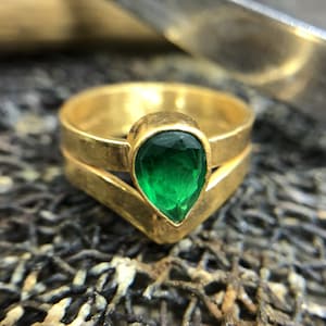 Two Band With Drop Emerald Ring, Gold Over Solid 925K Sterling Silver Ring, Handmade  Ancient Ring Signet Roman Art Designer Ring Dainty