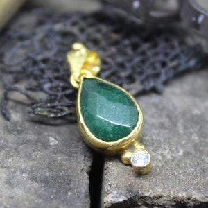 Personalized 24K Gold Vermeil, 925K Sterling Silver, Ancient Style Designer, Handmade Pear Shape Emerald Pendant, Dainty, Gift For Her