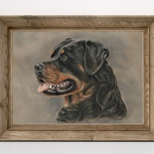 Może przedstawiać: Ramowany rysunek pastelowy głowy i ramion psa rasy Rottweiler. Pies patrzy w lewo, z wysuniętym językiem. Tło jest jasnobrązowe.