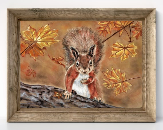 Squirrel picture woodland animal print British wildlife art original art print by Tracey Earl size A5 unframed.