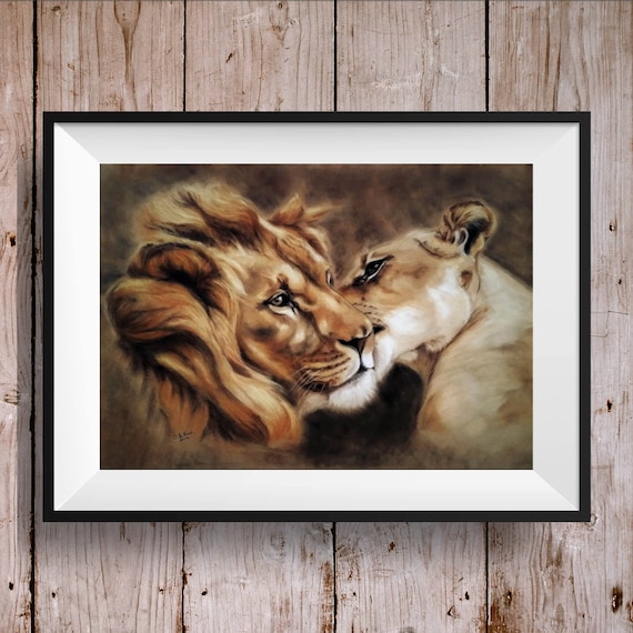 Lion and Lioness Art Print: Wildlife Painting - Etsy Hong Kong