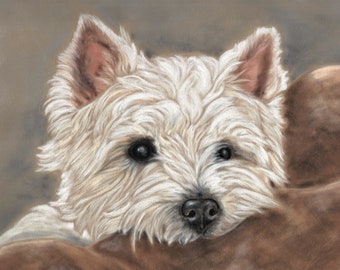 Puede incluir: Un perro West Highland White Terrier blanco con pelaje blanco y esponjoso, ojos marrones y nariz negra, descansando la cabeza sobre una superficie marrón.