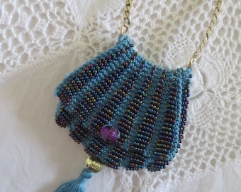 Miniature Hand Knitted Bead Bag. Blue cotton with beautiful indigo beads