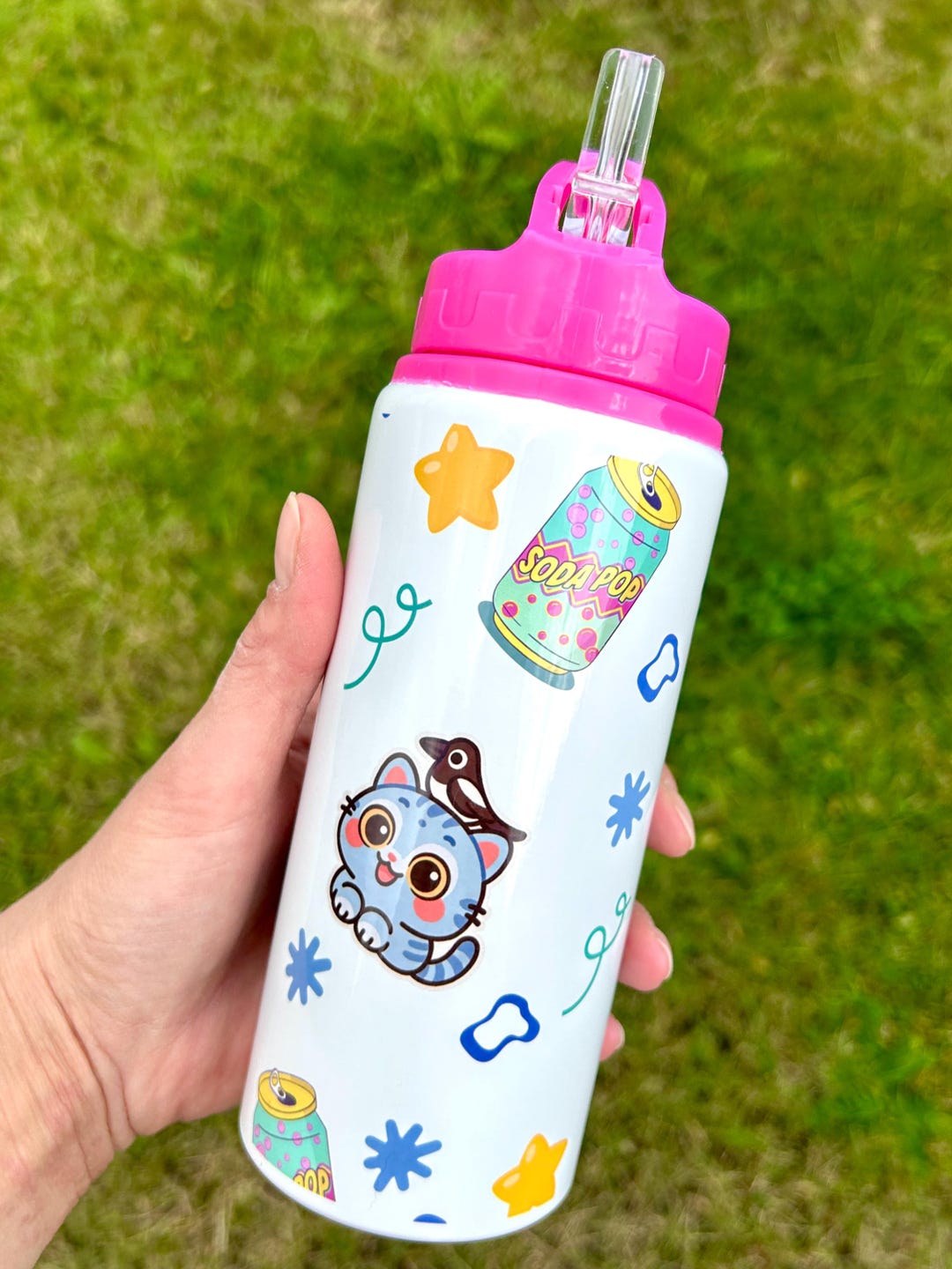 Custom KPOP Demon Hunters Inspired Pink Water Bottle 600ml Derpy
